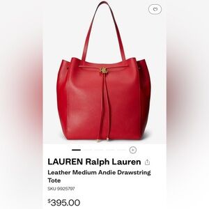 Lauren Ralph Lauren Women’s Martin Red Leather Angie Drawstring Tote BNWT